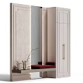 Modern Wooden Entryway Cabinet And Side Cabinet Interior Decor With Mirror Vase And Red Bench