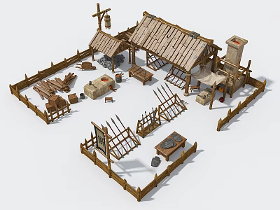 Ancient Architecture Courtyard With Wooden Structures Fence Tables Chairs And Tools 3d model