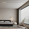 Modern Bedroom Interior with Dark Bed White Pillows Nightstand Floor Lamp Rattan Chair and Open Closet
