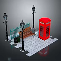 Street Scene Components With Red Telephone Booth Black Street Lamps And Wooden Bench