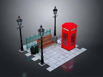 Street Scene Components With Red Telephone Booth Black Street Lamps And Wooden Bench 3d model