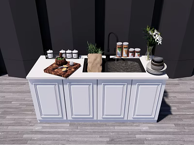 Modern Kitchenware Setup With White Cabinets Sink Spice Jars And Greenery 3d model