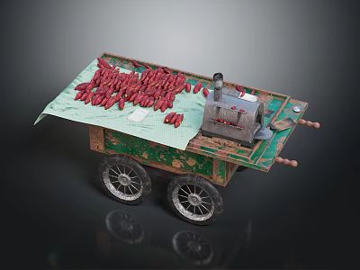 Vintage Street Food Cart With Red Chilies Green Cloth And Metal Stove 3d model