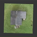 Wooden House with Gray Roof and Wooden Structure on Green Grass Lawn with Steps