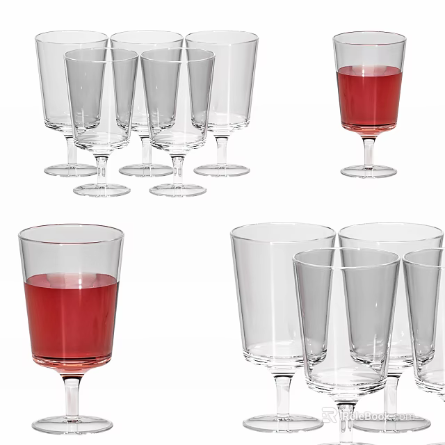 Various Styles Of Transparent Drinking Glasses And Goblets With Red Liquid 3d model 