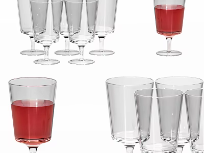 Various Styles Of Transparent Drinking Glasses And Goblets With Red Liquid 3d model
