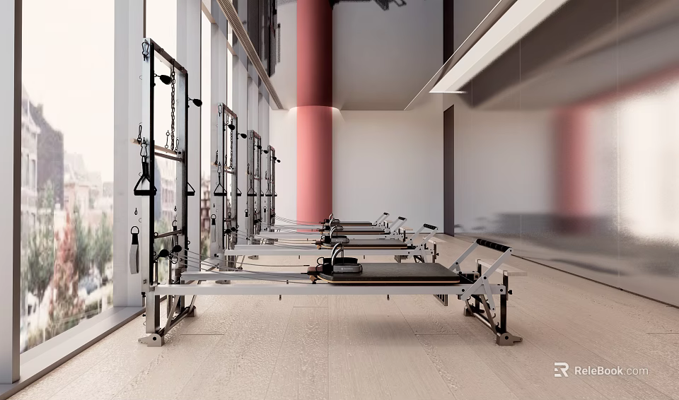 Modern Bright Fitness Studio With Pilates Reformers Large Windows And Red Columns 3d model 