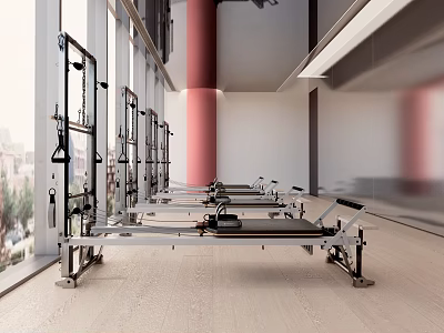 Modern Bright Fitness Studio With Pilates Reformers Large Windows And Red Columns 3d model