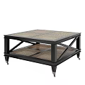 Black Frame Coffee Table With Woven Texture Top Lower Shelf And Wheels 3d model