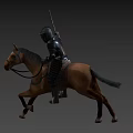 Game Movie Character in Armor Riding Running Brown Horse Holding Spear