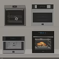 Four Kitchen Appliances On Shelves With Transparent Doors And Roasted Chicken Inside