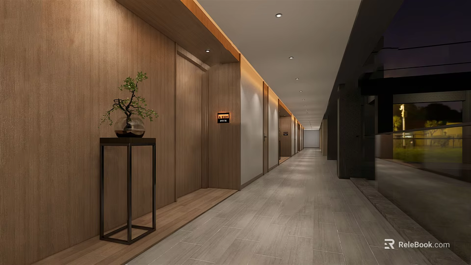 Hotel Corridor Interior With Wooden Walls Elevator Doors Gray Flooring And Soft Lighting 3d model 