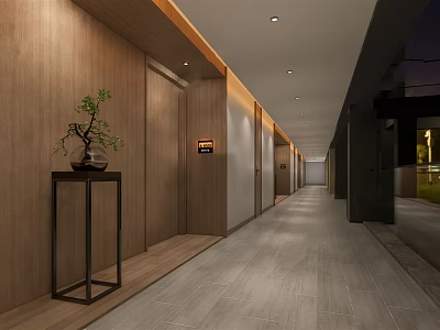 Hotel Corridor Interior With Wooden Walls Elevator Doors Gray Flooring And Soft Lighting 3d model
