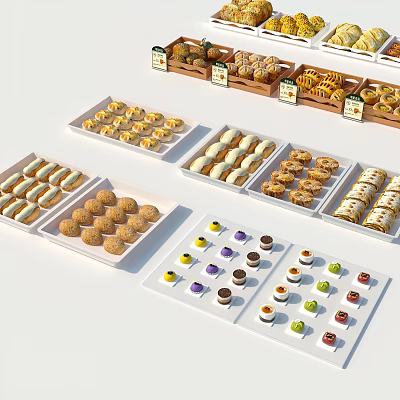 Assorted Pastries Cookies And Small Desserts On White Wooden Trays With Various Shapes Colors Neatly Arranged 3d model
