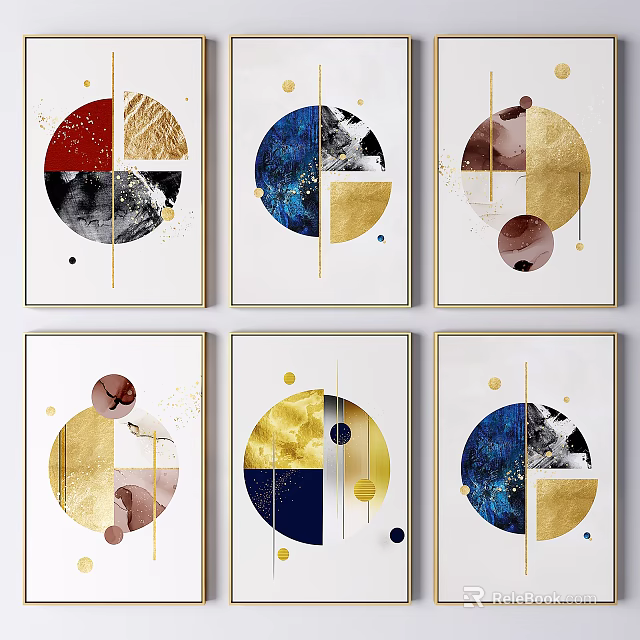 Abstract Modern Wall Art With Circular Geometric Gold Red Blue Elements 3d model