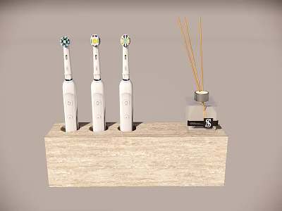 Daily Washing Supplies Three Electric Toothbrushes and Fragrance Diffuser on Wooden Base 3d model