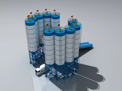 Industrial Equipment Concrete Mixing Plant With Multiple White Storage Tanks And Blue Steel Frames 3d model