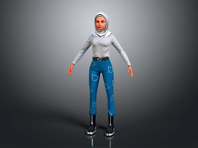 Game Film Character 3D Model With White Hoodie Blue Pants White Patterns And Black Boots 3d model