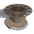 Wooden Circular Pergola Featuring Multi layer Design With Top Structure And Stone Pedestal Base 3d model