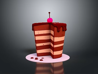 Delicious Layered Cake With Chocolate Drizzle Cherry On Top White Plate And Sauce Drops 3d model