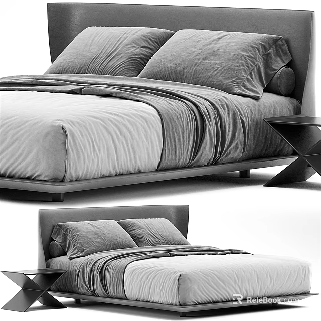 Modern Style Double Bed With Simple Frame Two Pillows Neat Sheets And Nightstand 3d model 