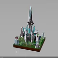 Futuristic Architecture Model Featuring Tall Tower With Blue White Design And Green Surroundings