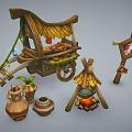 Handmade Street Stall With Straw Roof Clay Pots Small Tent And Wooden Sign
