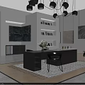 Modern Interior Showroom With Large Decorative Paintings Marble Panels White Armchairs And Pendant Lights