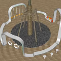 Modern Outdoor Playground Hanging Chair With Rope Structure Circular Gravel Area And White Curved Rails