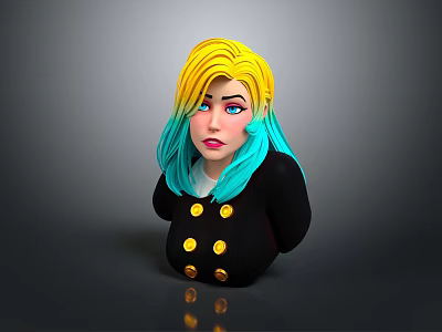 3D Character with Yellow and Blue Gradient Hair Wearing Black Outfit and Gold Buttons 3d model