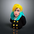 3D Character with Yellow and Blue Gradient Hair Wearing Black Outfit and Gold Buttons