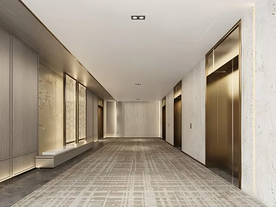 Modern Elevator Hallway Interior With Brushed Metal Doors Stone Walls And Patterned Carpet 3d model