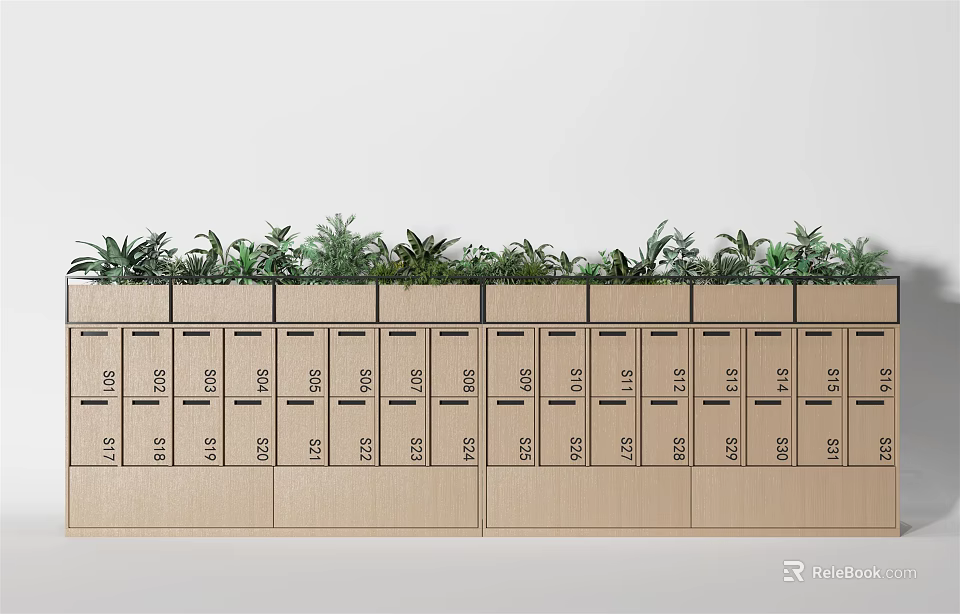 Row Of Wooden Numbered Lockers With Green Plants On Top Against White Wall 3d model 