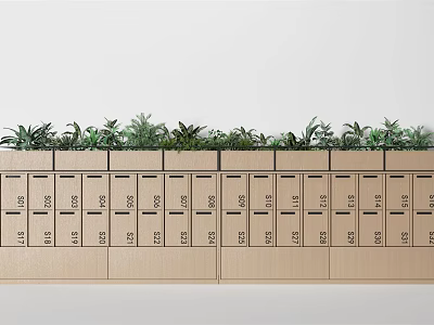 Row Of Wooden Numbered Lockers With Green Plants On Top Against White Wall 3d model