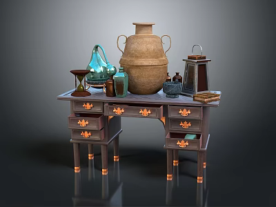Vintage Functional Desk with Multiple Brass Decorated Drawers Clay Jar Lantern and Books on Top 3d model