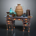 Vintage Functional Desk with Multiple Brass Decorated Drawers Clay Jar Lantern and Books on Top