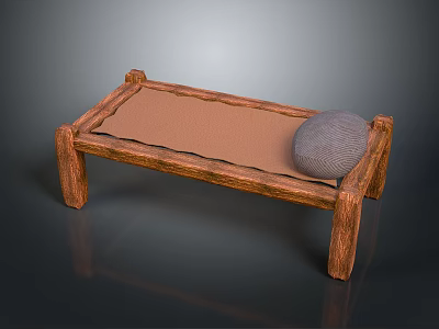 Cozy Rustic Wooden Single Bed Frame With Brown Mattress And Gray Pillow 3d model