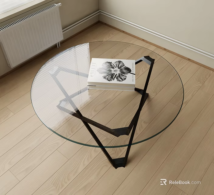 Round Glass Top Coffee Table With Black Metal Base And Modern Design Book 3d model 