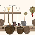 Rustic Farmhouse Decor With Wooden Shelves Rakes Forks Straw Hat And Woven Baskets