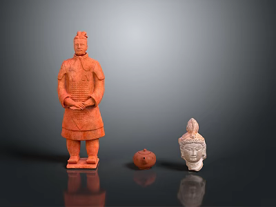 Ancient Sculptures Collection Featuring Detailed Standing Figure Small Spherical Carving And White Head Artifact 3d model