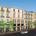 Scenic European Style Commercial Street With Multi Story Buildings Trees And Pedestrians