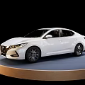 White Modern Sedan Showcased On Circular Display Platform With Black Background