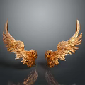 Golden Angel Wings Sculpture With Intricate Feather Details Against Dark Background And Shiny Reflections