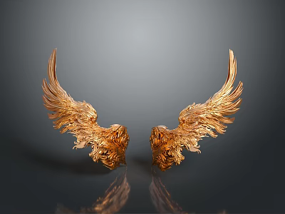 Golden Angel Wings Sculpture With Intricate Feather Details Against Dark Background And Shiny Reflections 3d model