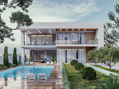Modern Detached Villa Exterior With Swimming Pool Loungers Greenery Large Windows And Two Story Design 3d model