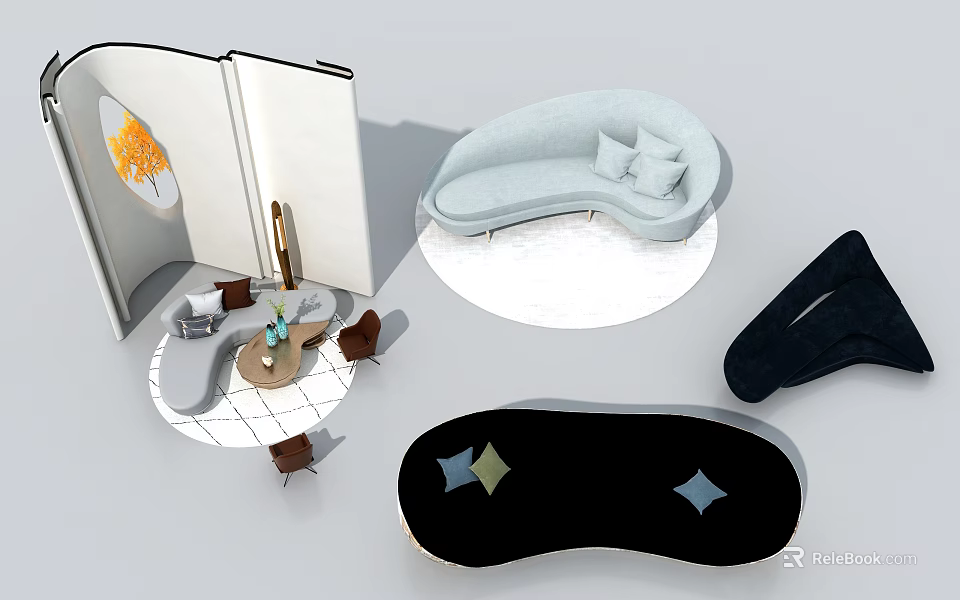 Modern Light Blue Sofa with Pillows and Round Coffee Table Set on White Rug 3d model