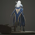 Woman in Blue and White Ornate Armor with Silver Hair and Long Sword