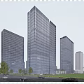 Modern Office Building Featuring Glass Curtain Walls And City Skyline With Street Cars And Trees