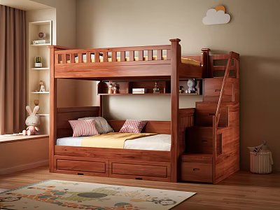 Wooden Bunk Bed with Stairs Storage Drawers and Shelves in Kids Room with Cloud Decor 3d model