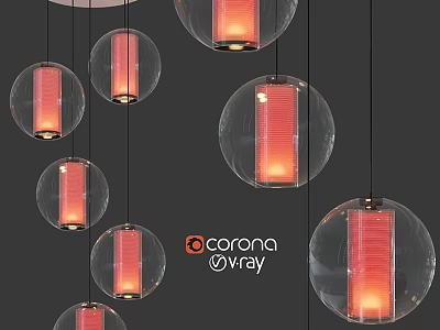 Modern Transparent Spherical Hanging Chandeliers With Red Light And Sleek Design 3d model